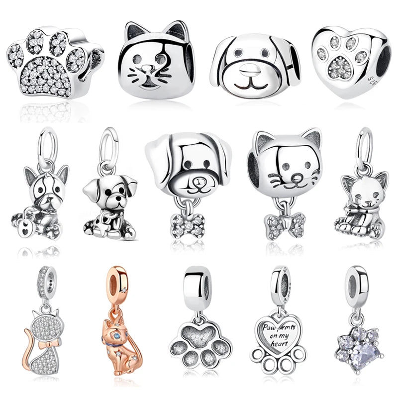 Original 925 Sterling Silver Charms Love Pets Dog Cat Paw Print