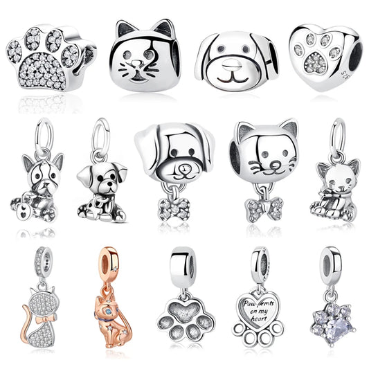 Original 925 Sterling Silver Charms Love Pets Dog Cat Paw Print